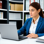 A professional woman in a modest business suit, fully clothed, seated at a sleek modern desk in a well-lit, contemporary office environment. She is focused on a laptop screen displaying structured notes, with a small voice recorder visible beside it, symbolizing efficient digital documentation of Q&A sessions. Her pose is natural and attentive, with perfect anatomy, correct proportions, well-formed hands, and proper finger count. The background shows blurred, organized shelves of books and binders, representing a vast knowledge library. The image is captured with professional photography, showcasing high-quality detail and a clean aesthetic. safe for work, appropriate content, fully clothed, professional.