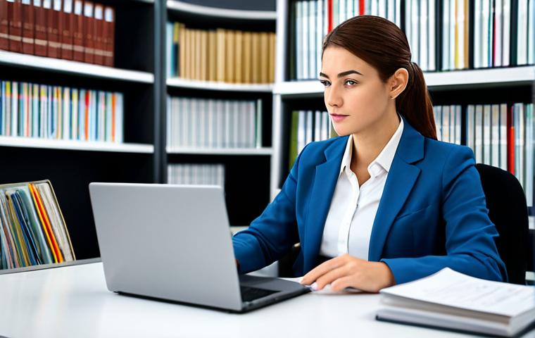 A professional woman in a modest business suit, fully clothed, seated at a sleek modern desk in a well-lit, contemporary office environment. She is focused on a laptop screen displaying structured notes, with a small voice recorder visible beside it, symbolizing efficient digital documentation of Q&A sessions. Her pose is natural and attentive, with perfect anatomy, correct proportions, well-formed hands, and proper finger count. The background shows blurred, organized shelves of books and binders, representing a vast knowledge library. The image is captured with professional photography, showcasing high-quality detail and a clean aesthetic. safe for work, appropriate content, fully clothed, professional.